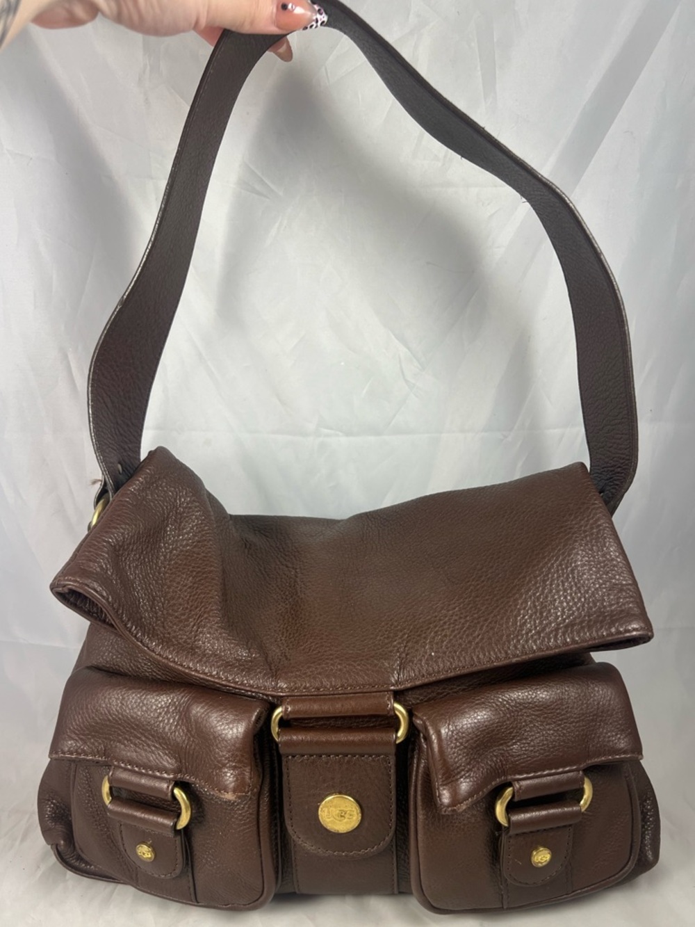 Ugg Brown Pebbled Leather Foldover Shoulder Strap Purse Bag